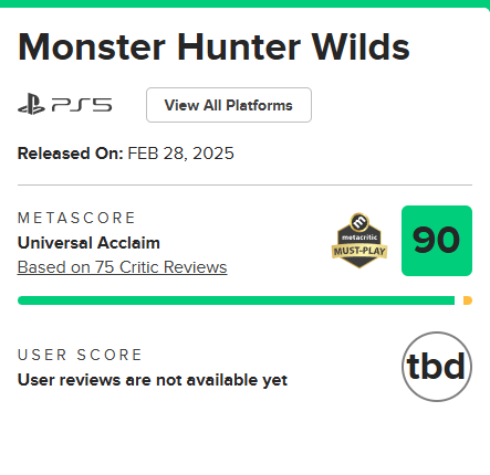 Captura de tela da nota de Monster Hunter Wilds no Metacritic