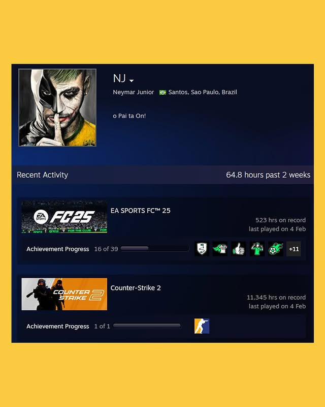 Captura de tela do perfil do Neymar no Steam