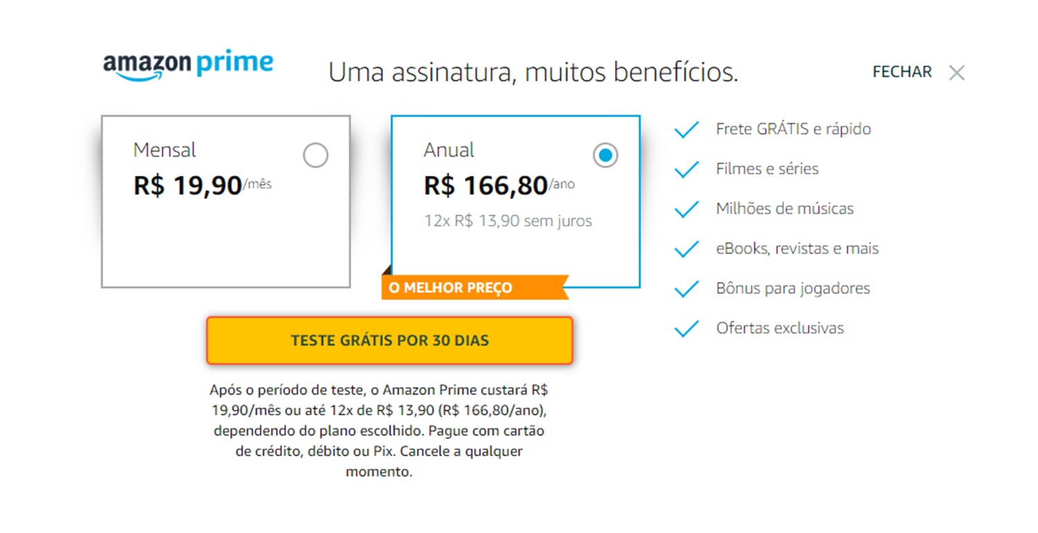 Captura de tela dos preços do Amazon Prime