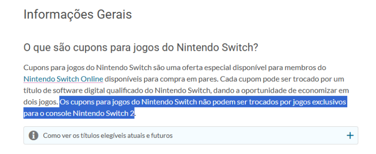 Cupons de Switch não podem ser usados para comprar jogos de Switch 2