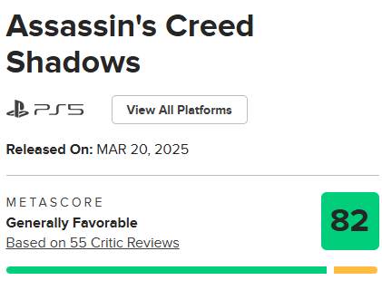 Assassin's Creed Shadows larga com nota 82 no Metacritic