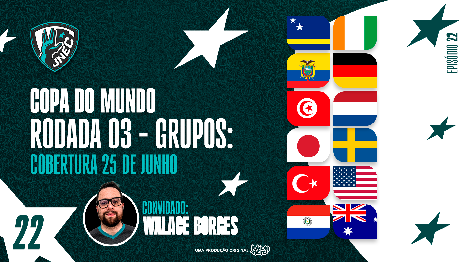 Capa do episódio DIA #15 DA COPA 2026: 25 DE JUNHO – EQUADOR BOTA OS ALEMÃES PRA MAMAR | JNEC 22